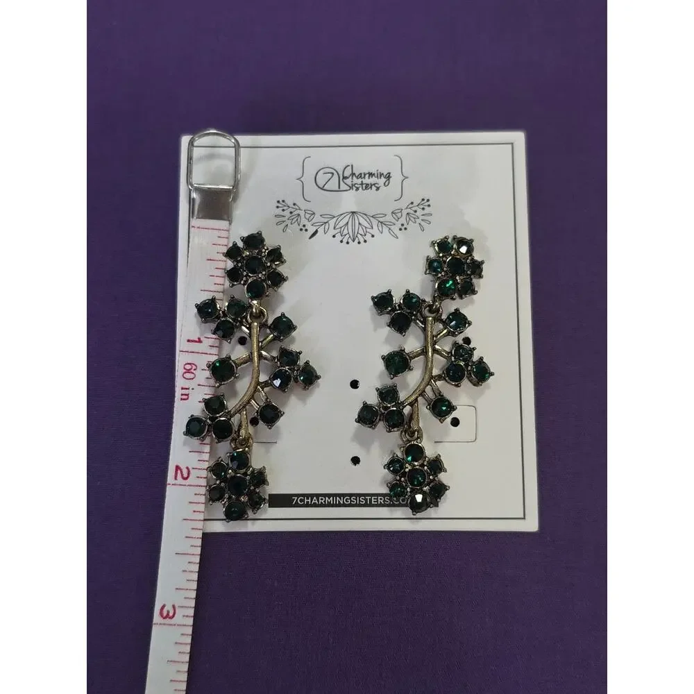 Green Rhinestone Crystal Flower Chandelier Dangle Earrings Antiqued Gold Tone